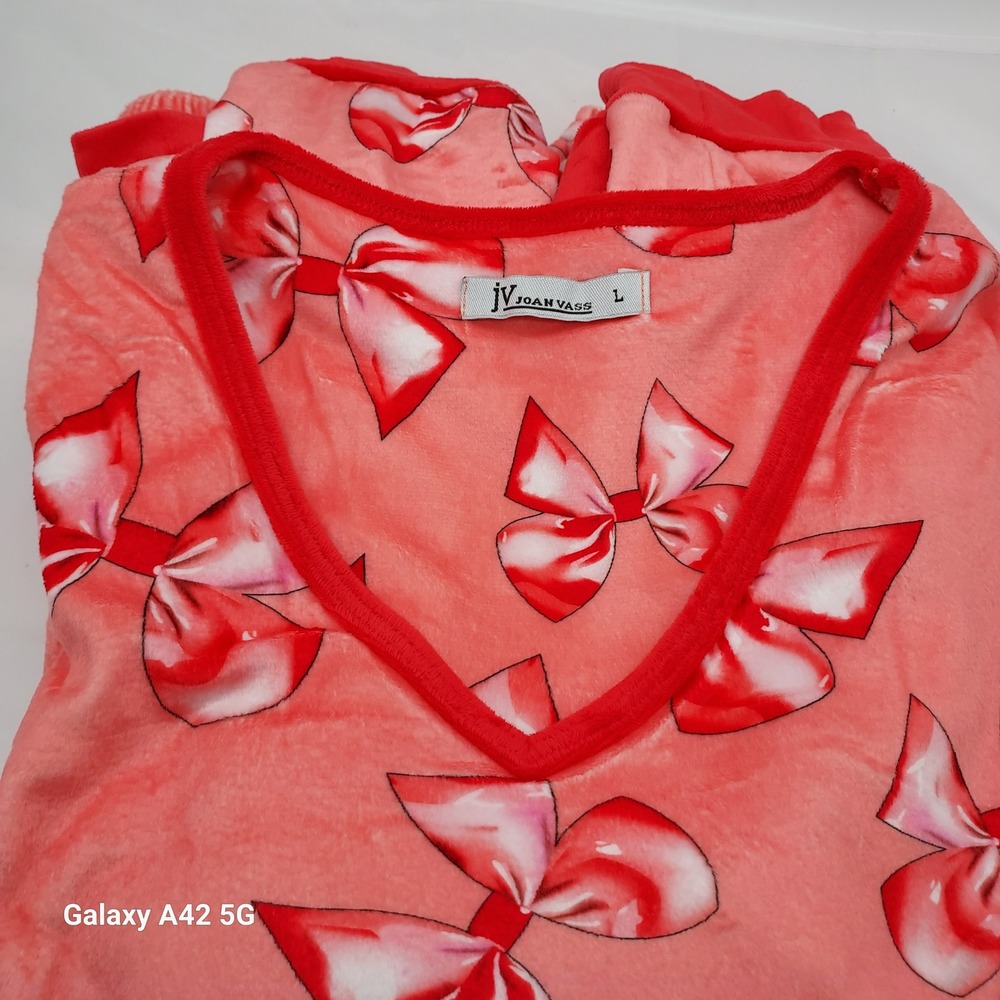 Joan Vass Coral Fleece Pajamas Loungewear Set Bow Print‎ Size L
